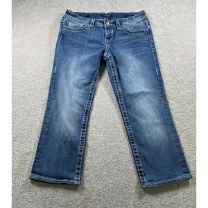 Vigoss The‎ New York Capri 5/6 Blue Denim Jeans 21 Long Thick Stitch Embellished